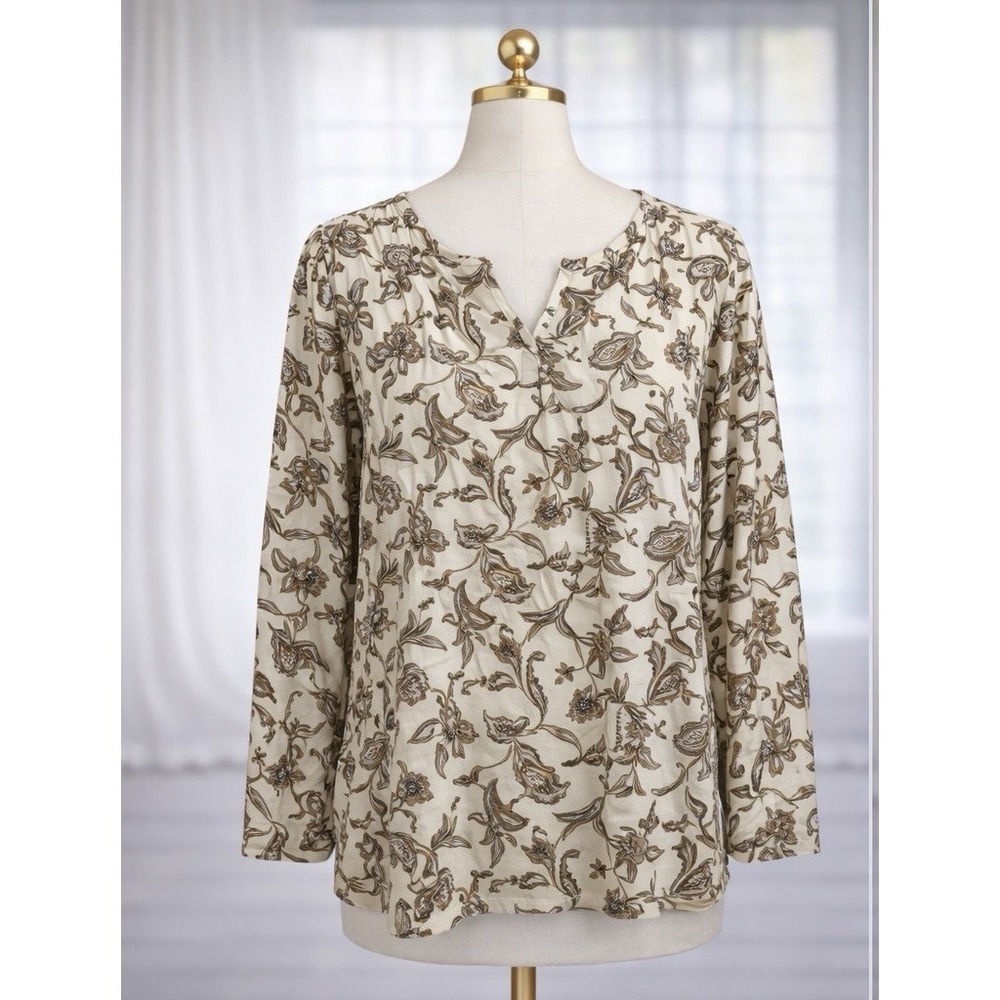 Denim & Co. Favorite Jersey Printed Split Neck Top Cream Knit A668798 Size 3X